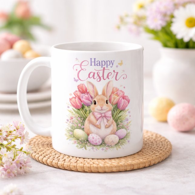 Pastel Pink Tulips Easter Bunny Happy Easter Coffee Mug (Creator Uploaded)