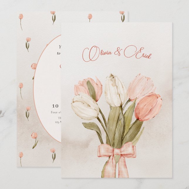 Pastel pink Tulips flowers bow wedding Invitation (Front/Back)