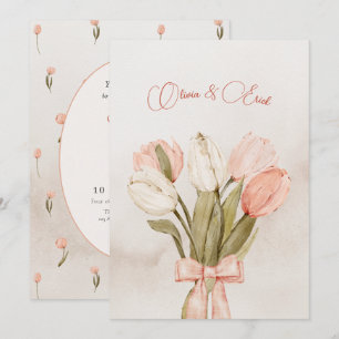 Pastel pink Tulips flowers bow wedding Invitation