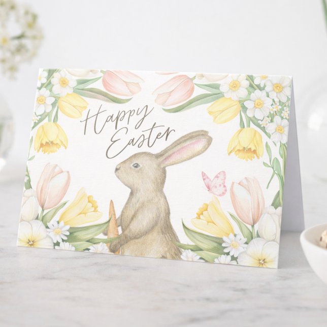Pastel Pink Tulips & Yellow Daffodils Happy Easter Card (Creator Uploaded)