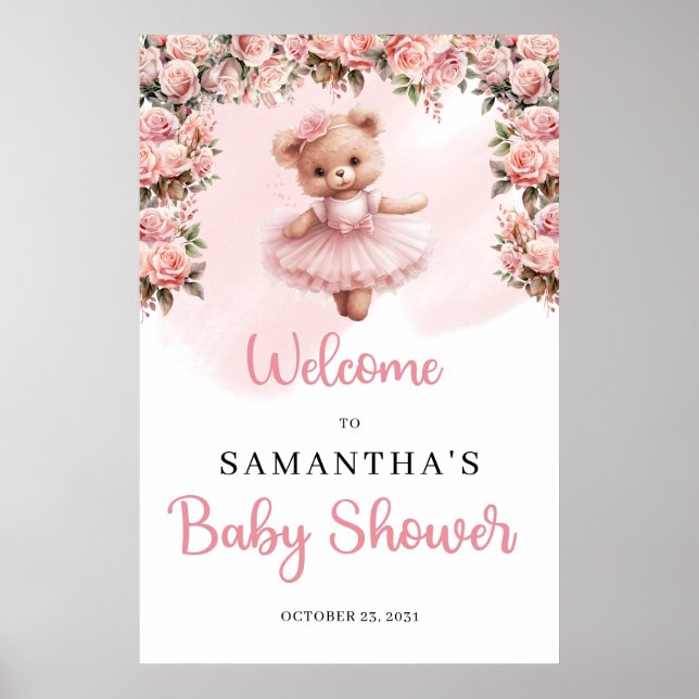 Pastel pink Tutu ballerina girl teddy bear Welcome Poster (Front)