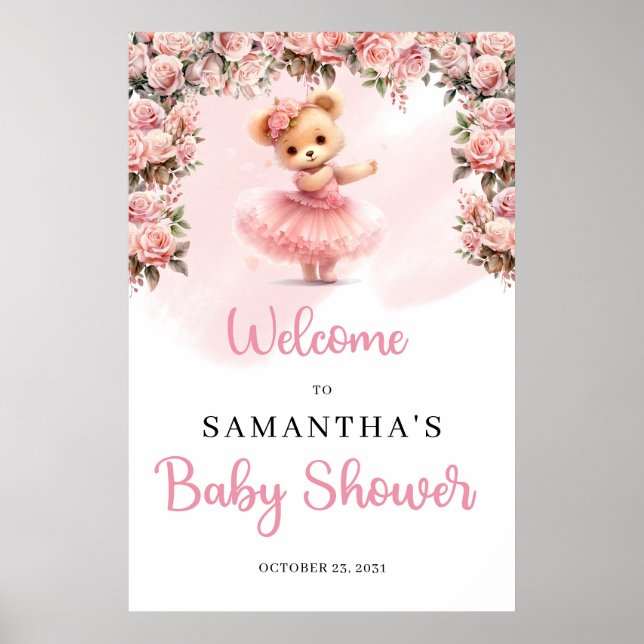 Pastel pink Tutu ballerina girl teddy bear Welcome Poster (Front)