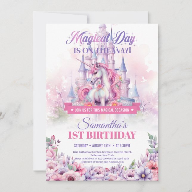 Pastel Pink Unicorn and Fairy Castle 1st Birthday Invitation (Front)