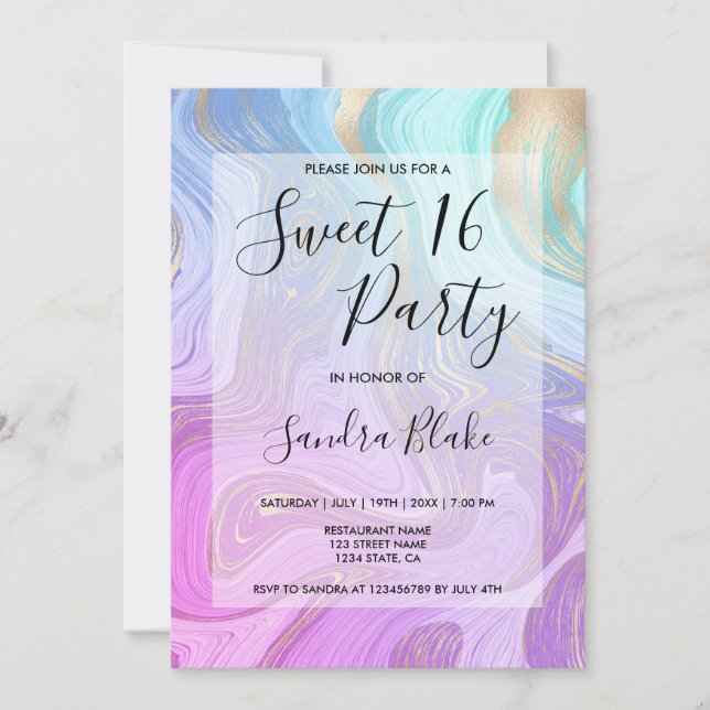 pastel Pink Unicorn Liquid marble Girly Modern Invitation (Front)