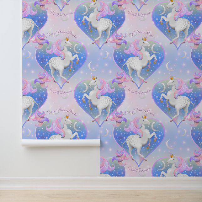 Pastel Pink Unicorn Princess Heart Nursery Wallpaper (Application)