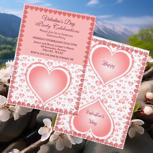 Pastel Pink Valentines Day Party Raining Hearts  Invitation (Pastel Pink Valentines Day Party Raining Hearts Invitation)