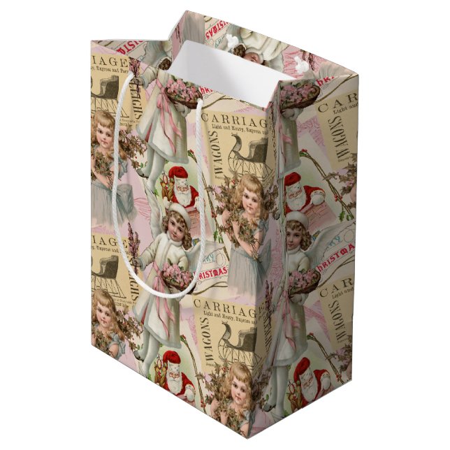 Pastel Pink Victorian Christmas Medium Gift Bag (Back Angled)