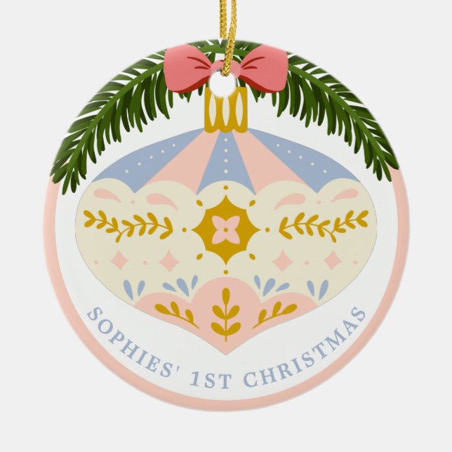 Pastel Pink Vintage | 1st Christmas Photo Ornament (Front)