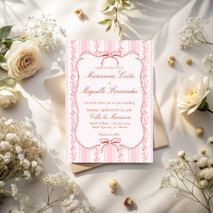 Pastel pink vintage floral stripes wedding invitation