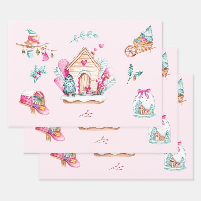 Pastel Pink Watercolor Christmas Wrapping Paper Sheet (Set)