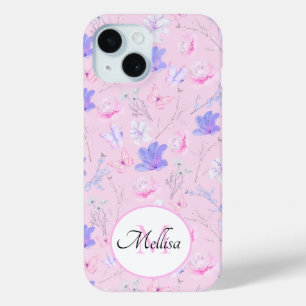 Pastel Pink Watercolor Floral Butterflies Monogram iPhone 15 Case