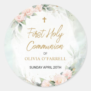 Pastel Pink Watercolor Floral First Holy Communion Classic Round Sticker