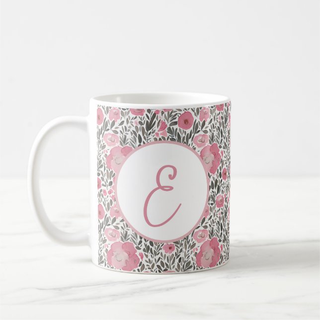 Pastel pink watercolor floral pattern monogram coffee mug (Left)