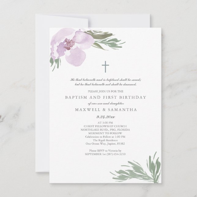 Pastel Pink Watercolor Florals Twins Baptism Invitation (Front)