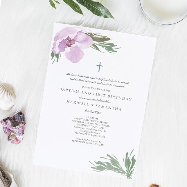 Pastel Pink Watercolor Florals Twins Baptism Invitation (Creator Uploaded)
