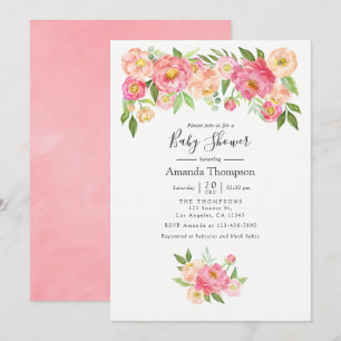 Pastel Pink Watercolor Peonies Baby Shower Invitation