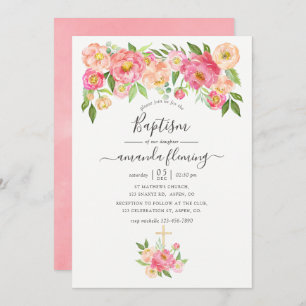 Pastel Pink Watercolor Peonies Baptism Invitation