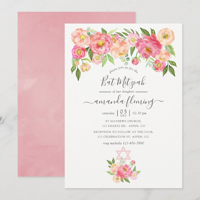 Pastel Pink Watercolor Peonies Bat Mitzvah Invitation (Front/Back)