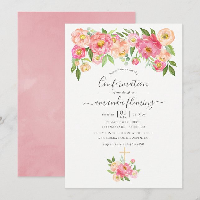 Pastel Pink Watercolor Peonies Confirmation Invitation (Front/Back)