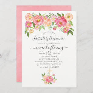 Pastel Pink Watercolor Peonies Holy Communion Invitation
