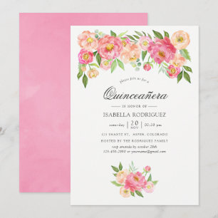 Pastel Pink Watercolor Peonies Quinceañera Invitation