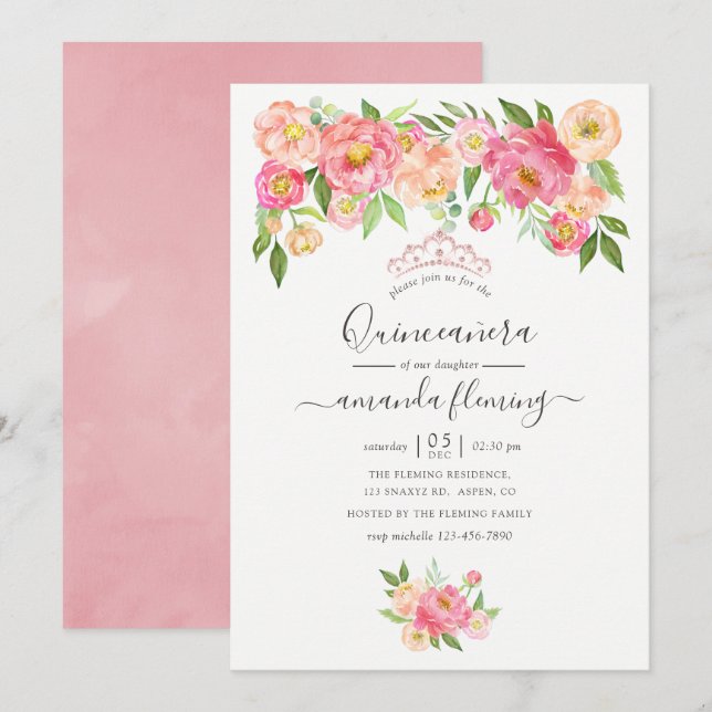 Pastel Pink Watercolor Peonies Quinceañera Invitation (Front/Back)