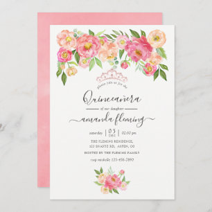 Pastel Pink Watercolor Peonies Quinceañera Invitation