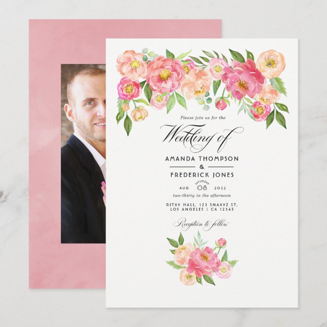 Pastel Pink Watercolor Peonies Wedding Photo Invitation (Front/Back)