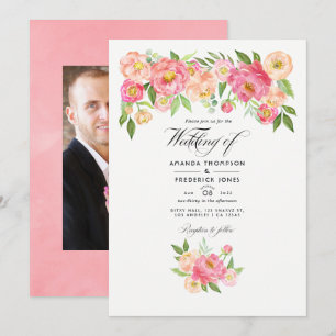 Pastel Pink Watercolor Peonies Wedding Photo Invitation