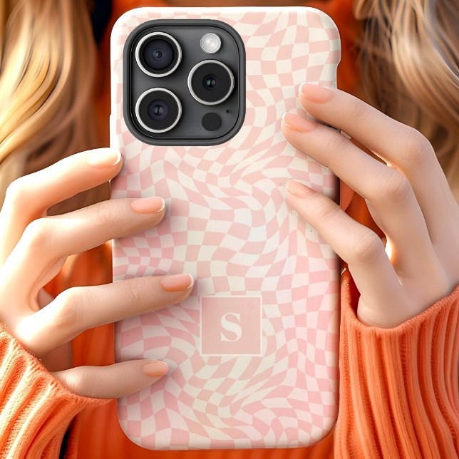 Pastel Pink Wavy Chequered Monogrammed Case-Mate iPhone Case (Creator Uploaded)