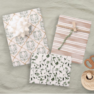 Pastel Pink Wedding Bridal Elegant Floral Stripes Wrapping Paper Sheet