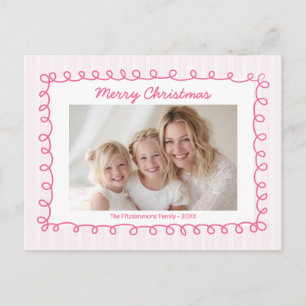 Pastel Pink Whimsical Stripe Photo Christmas Holiday Postcard