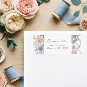 Pastel Pink, White and Blue Roses & Ribbon