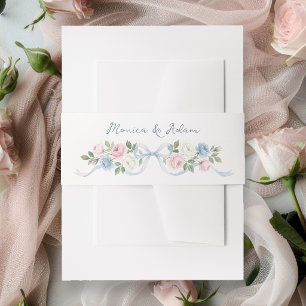 Pastel Pink, White and Blue Roses & Ribbon Invitation Belly Band