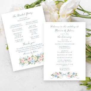Pastel Pink, White and Blue Roses & Ribbon Programme