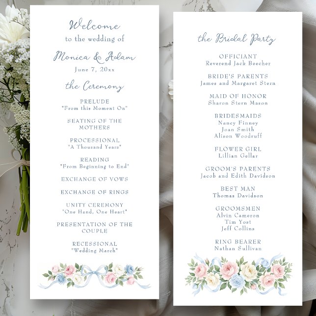 Pastel Pink, White and Blue Roses & Ribbon Programme (Creator Uploaded)