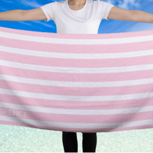 pastel pink white  cabana stripes  - personalized beach towel