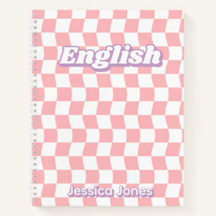 Pastel Pink White Checkerboard English School Notebook