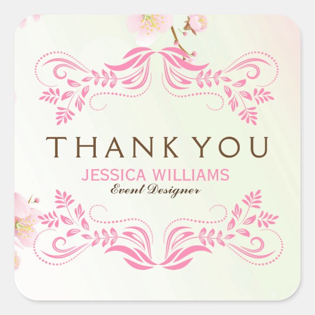 Pastel Pink & White Cherry Blossom Thank You Square Sticker (Front)
