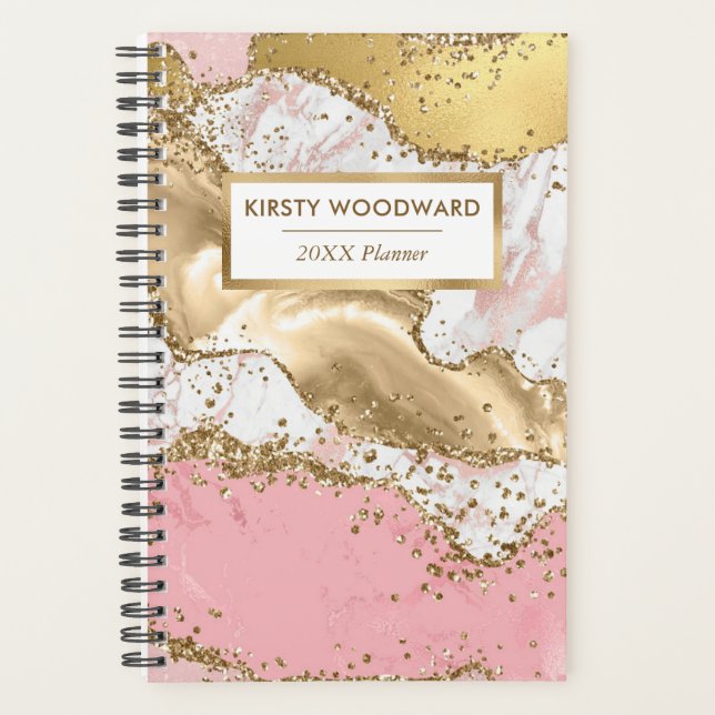 Pastel Pink & White Faux Gold Glitter Agate  Planner (Front)