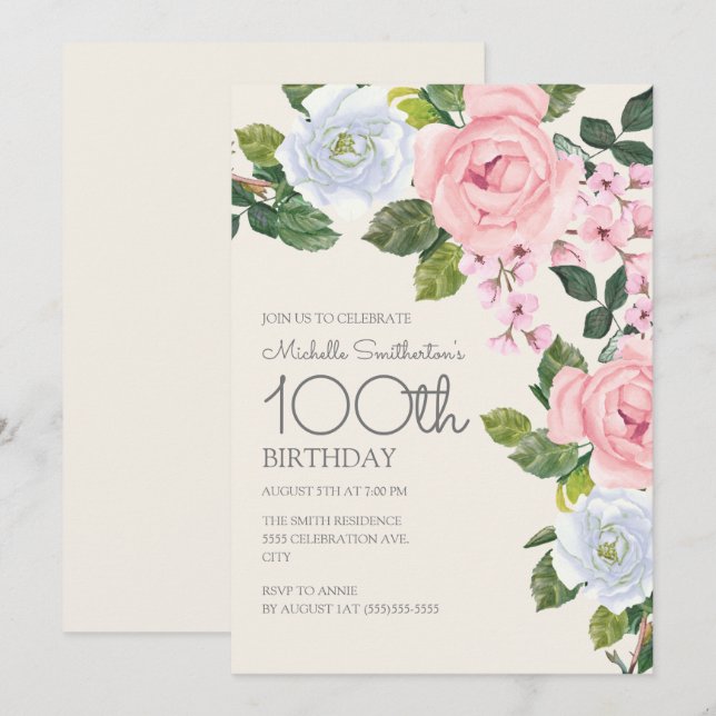 Pastel Pink White Floral Woman's 100th Birthday Invitation (Front/Back)