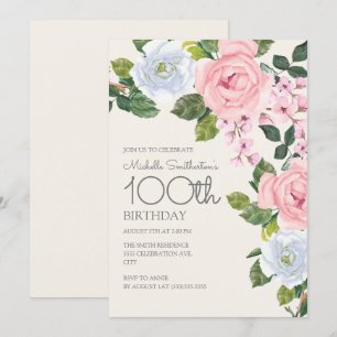 Pastel Pink White Floral Woman's 100th Birthday Invitation