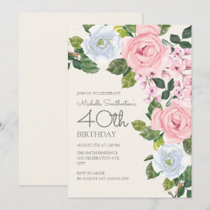 Pastel Pink White Floral Woman's 40th Birthday Invitation