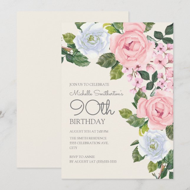 Pastel Pink White Floral Woman's 90th Birthday Invitation (Front/Back)