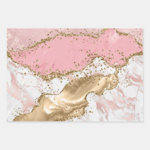 Pastel Pink & White & Gold Glitter Agate Wrapping Paper Sheet