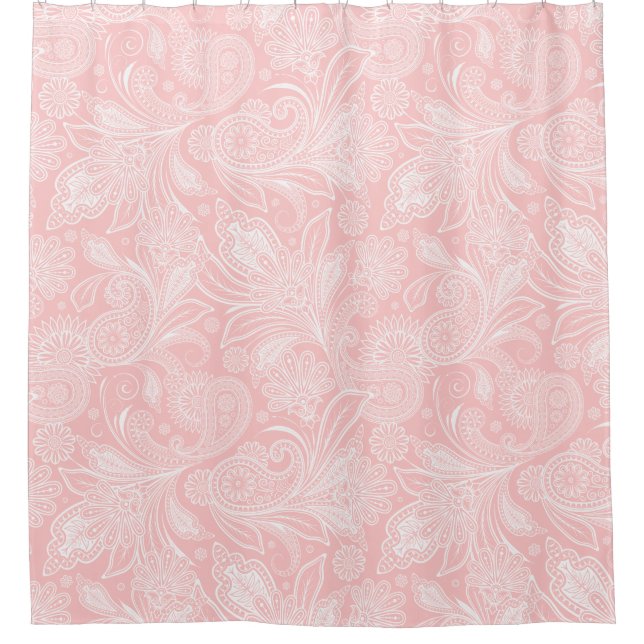 Pastel Pink &White Ornate Paisley Shower Curtain (Front)