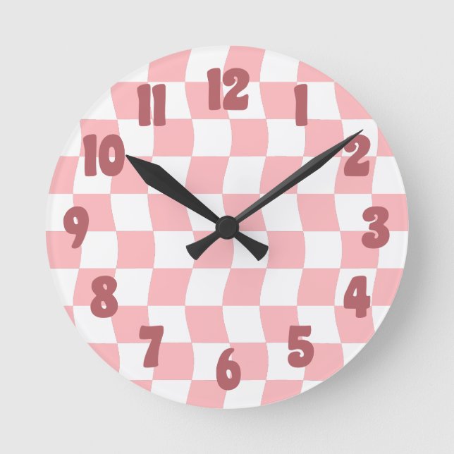 Pastel Pink White Retro Wavy Chequered Pattern Round Clock (Front)