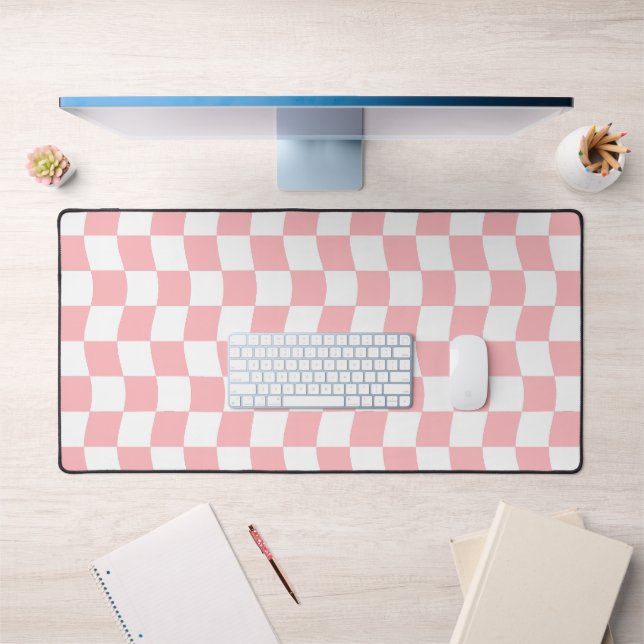 Pastel Pink White Simple Wavy Chequerboard Pattern Desk Mat (Office 1)
