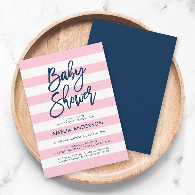 Pastel Pink & White Stripes Blue Baby Shower Invitation (Creator Uploaded)