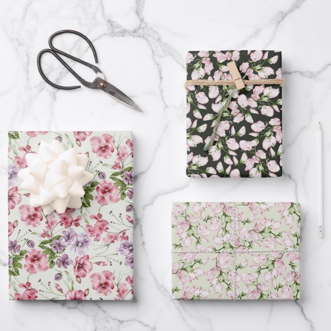 Pastel Pink Wild Flower Buds Wrapping Paper Sheet (Front)